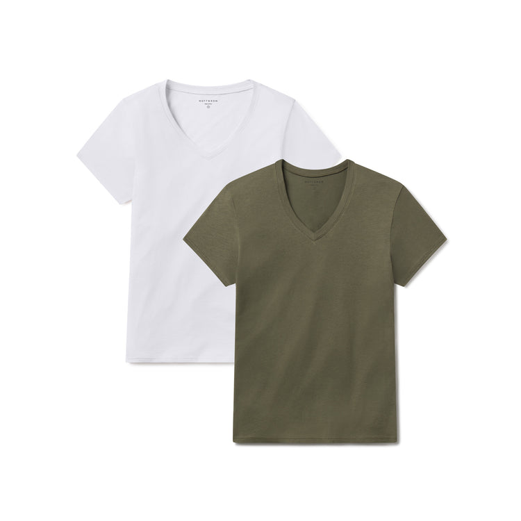 Women wearing White/Military Green Relaxed V-Neck Marcy Tee 2-Pack