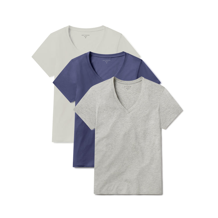 Women wearing Heather Gray/Vintage White/Vintage Navy Fitted V-Neck Marcy 3-Pack