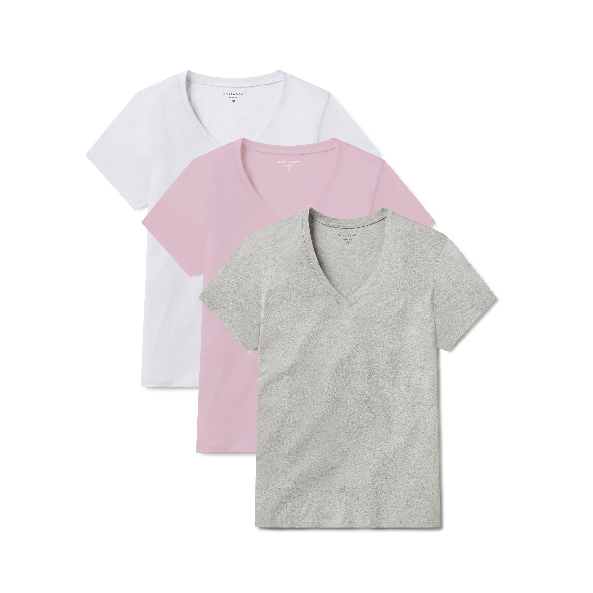 Women wearing White/Rose Pink/Heather Gray Fitted V-Neck Marcy 3-Pack tees