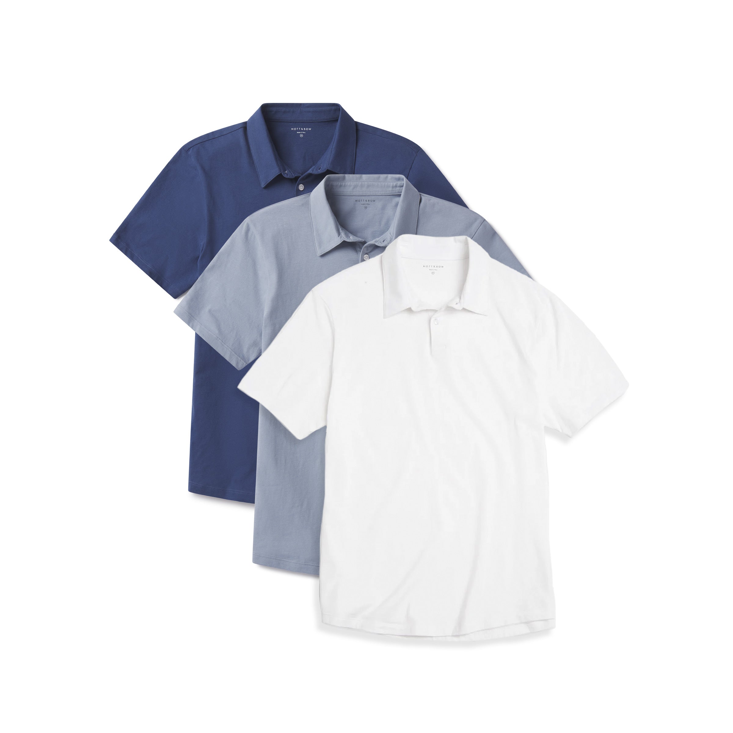Men wearing White/California Blue/Baltic Blue Jersey Sueded Polo 3-Pack tees