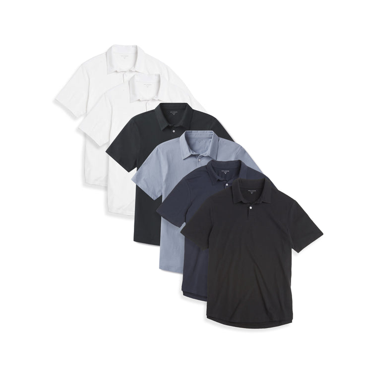 Men wearing White/White/California Blue/Black/Navy/Pine Jersey Sueded Polo 6-Pack