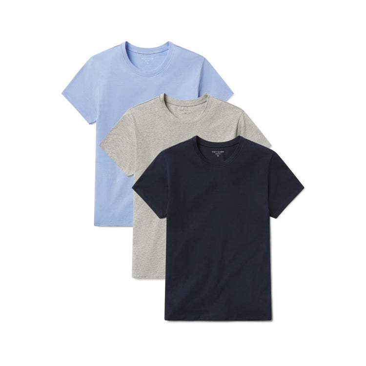 Women wearing Navy/Heather Gray/Hydrangea Relaxed Crew Marcy Tee 3-Pack