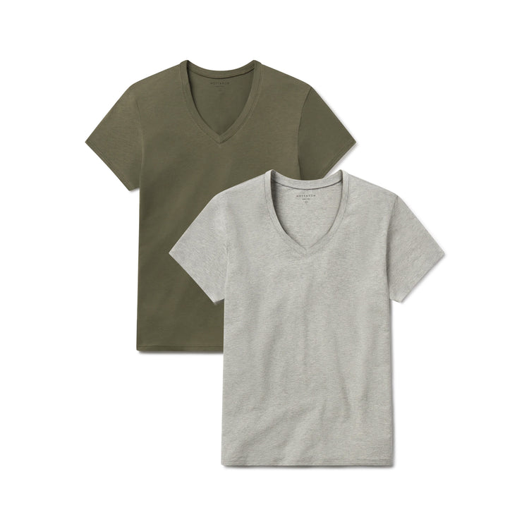 Women wearing Heather Gray/Military Green Relaxed V-Neck Marcy Tee 2-Pack