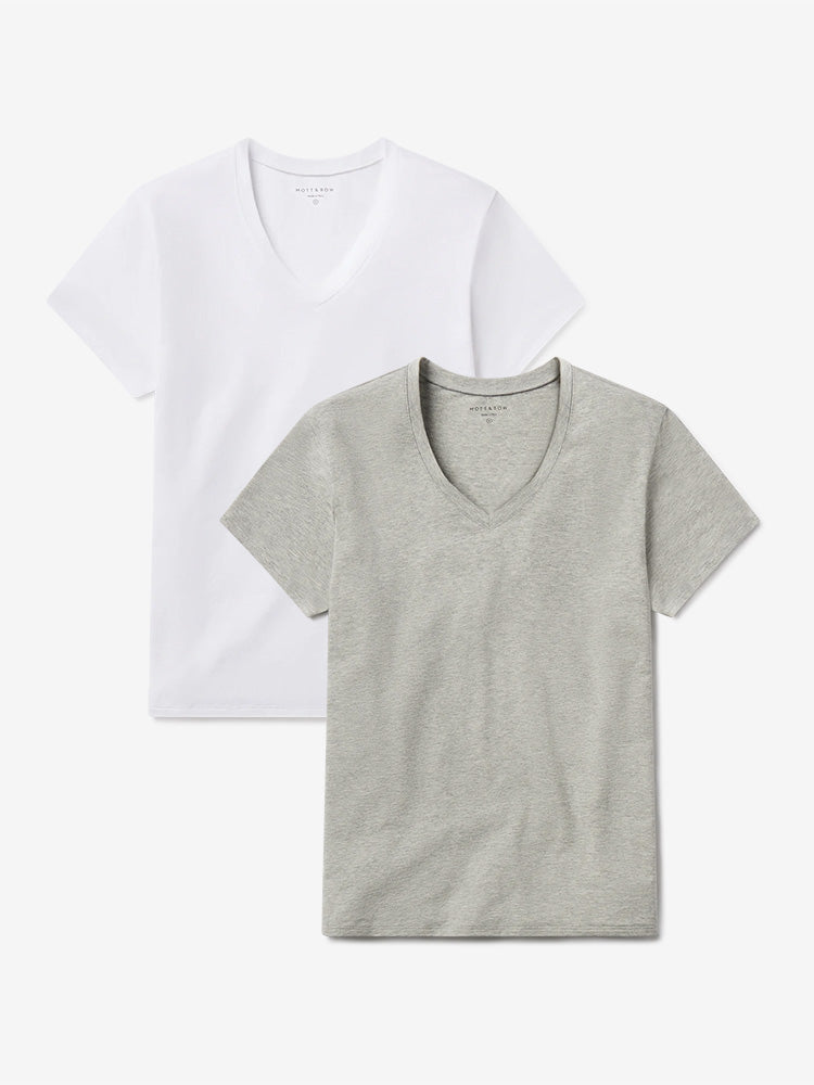 Women wearing Heather Gray/White Relaxed V-Neck Marcy Tee 2-Pack