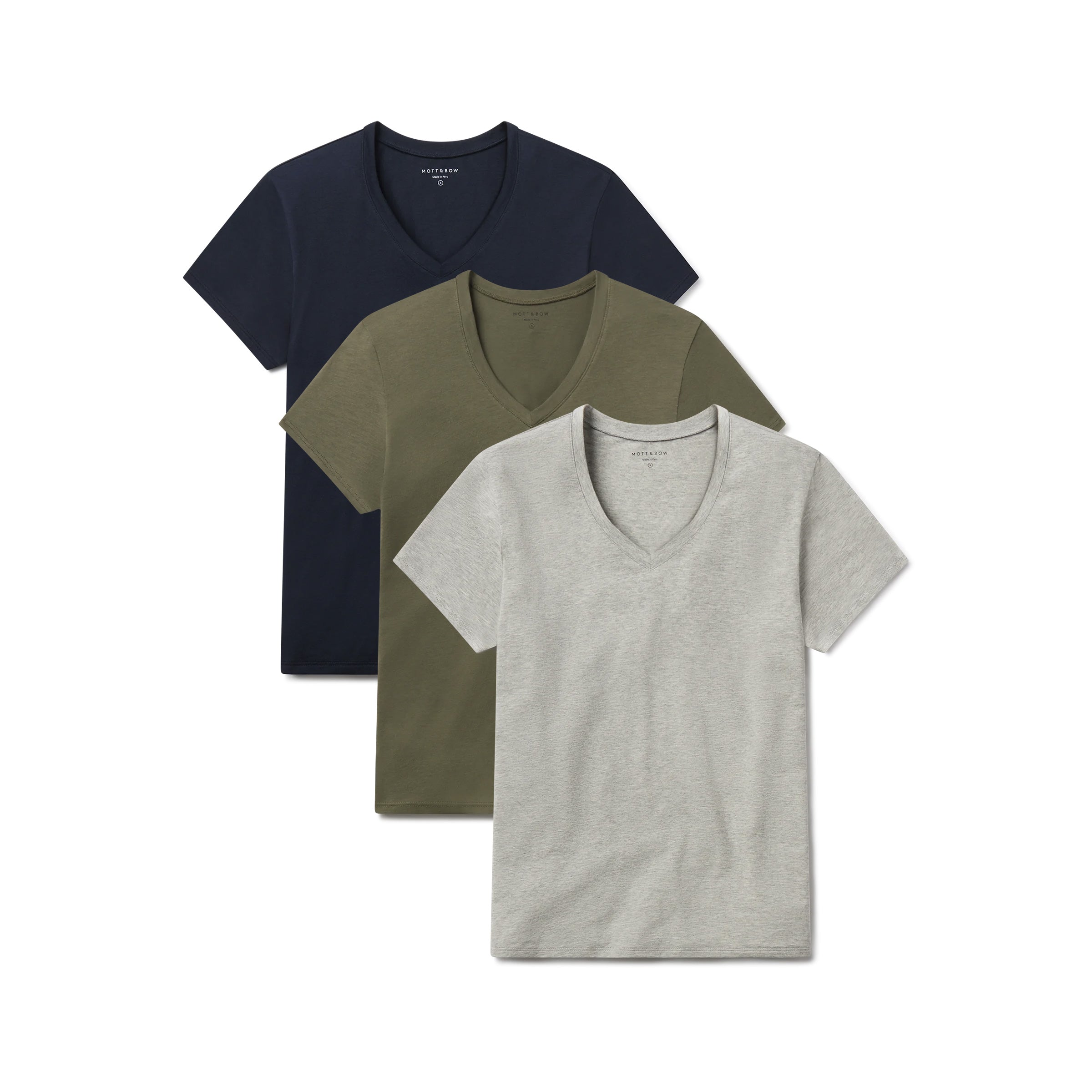 Women wearing Navy/Heather Gray/Military Green Relaxed V-Neck Marcy Tee 3-Pack tees