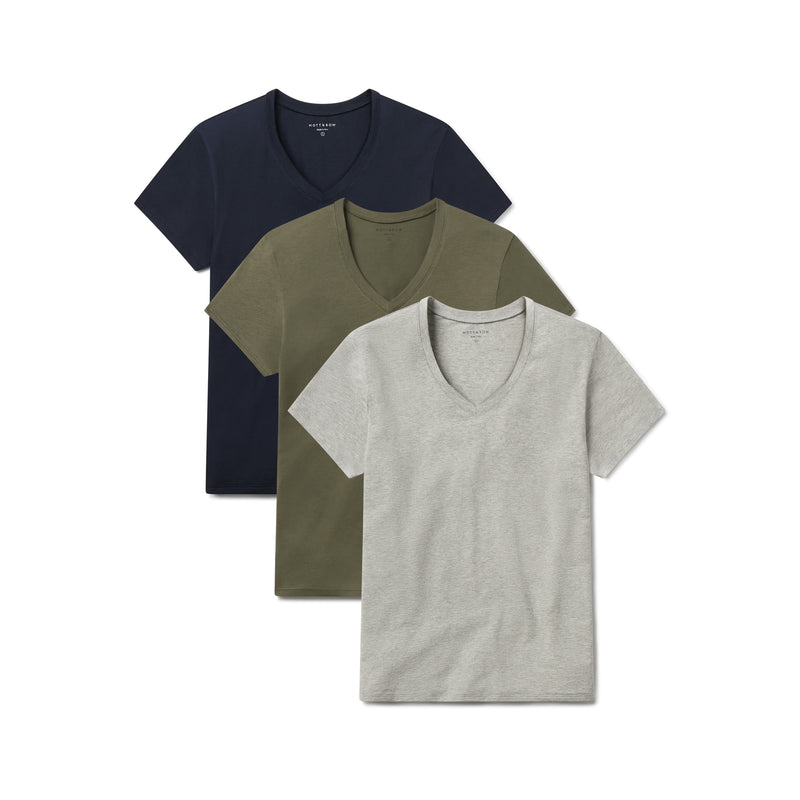 Women wearing Navy/Heather Gray/Military Green Relaxed V-Neck Marcy Tee 3-Pack tees