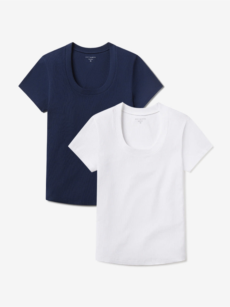 Women wearing Navy/White Rib Scoop Neck Tee 2-Pack