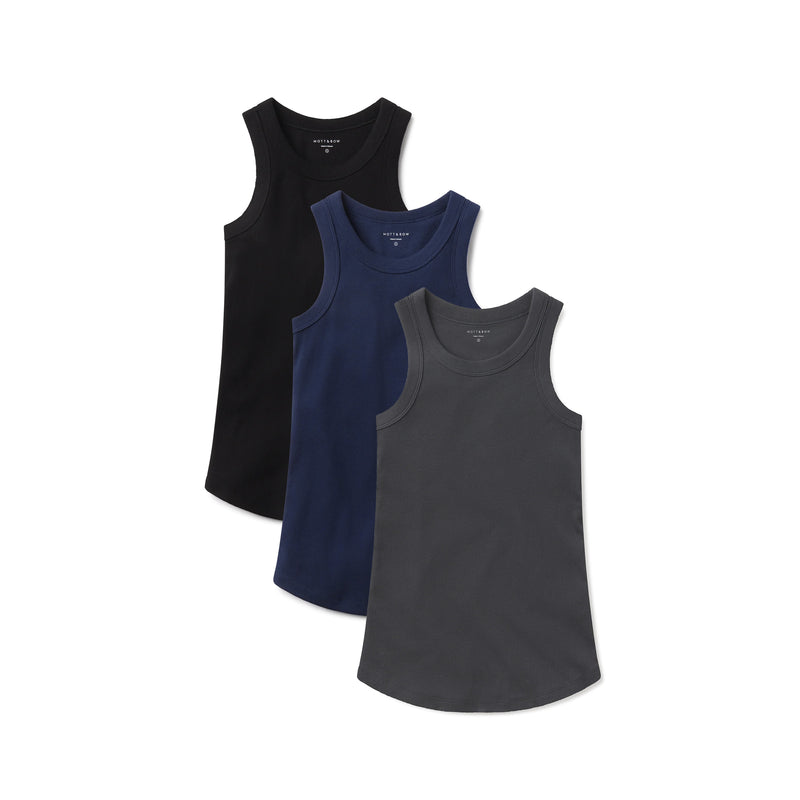 Women wearing Dark Gray/Navy/Black Rib Tank Tee 3-Pack tees