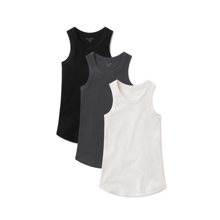 Women wearing White Pearl/Dark Gray/Black Rib Tank Tee 3-Pack