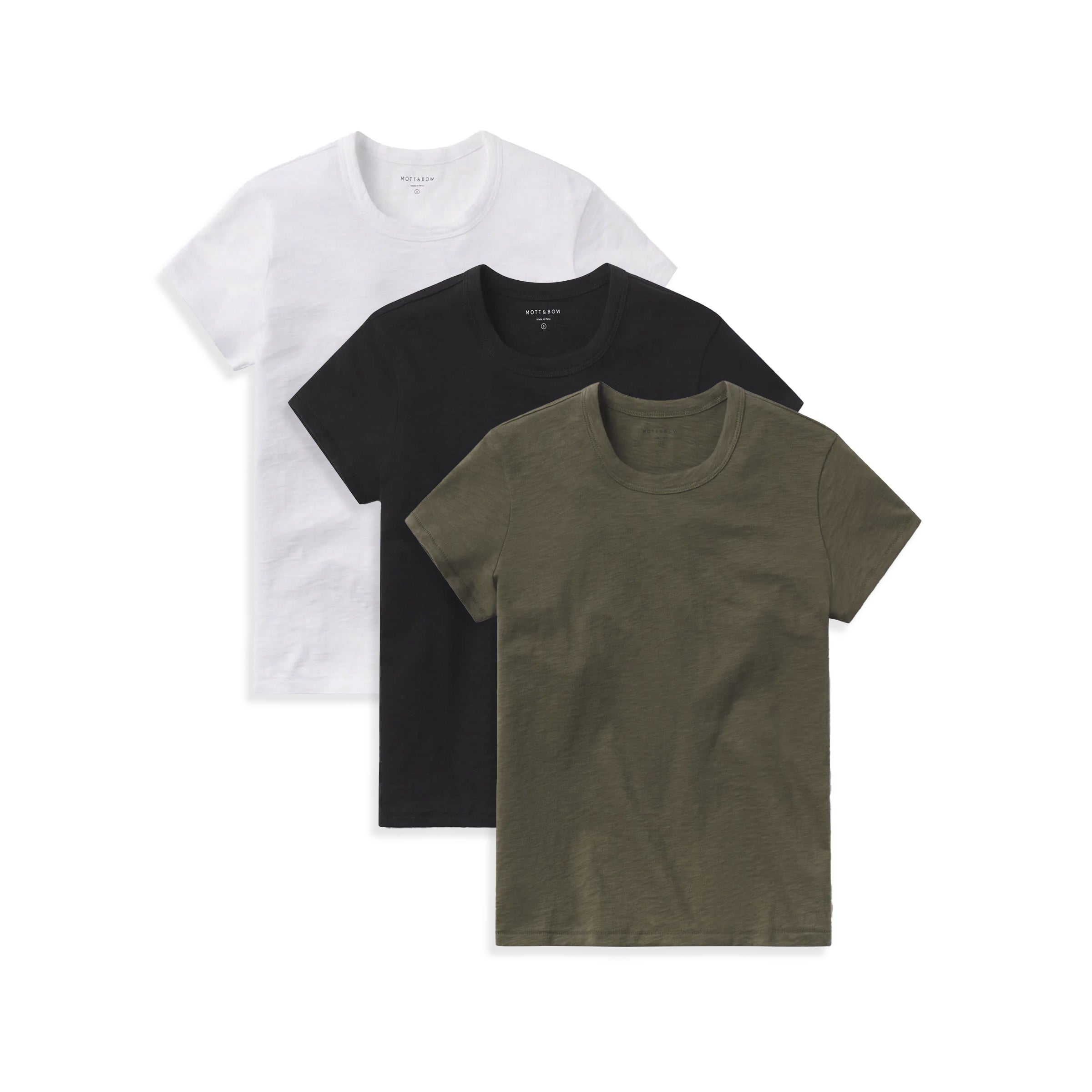 Women wearing White/Black/Military Green Classic Crew Slub 3-Pack tees