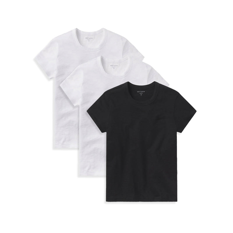Women wearing White/White/Black Classic Crew Slub 3-Pack tees