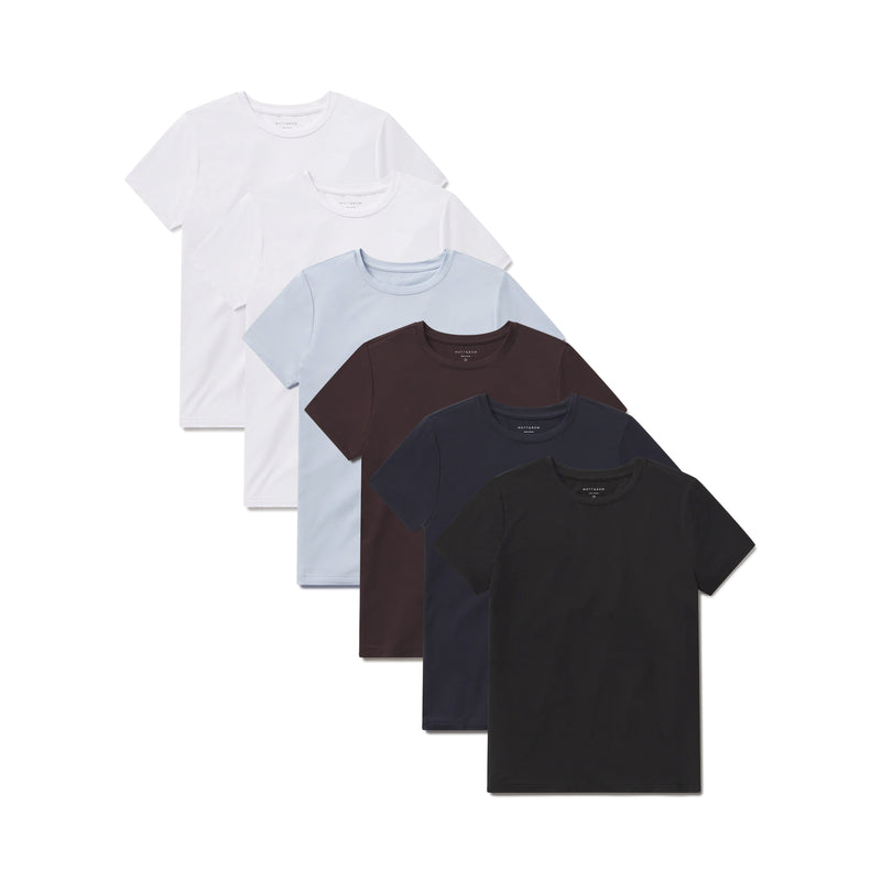 Women wearing White/White/Black/Navy/Espresso/Ice Blue Second Skin Crew Tee 6-Pack tees