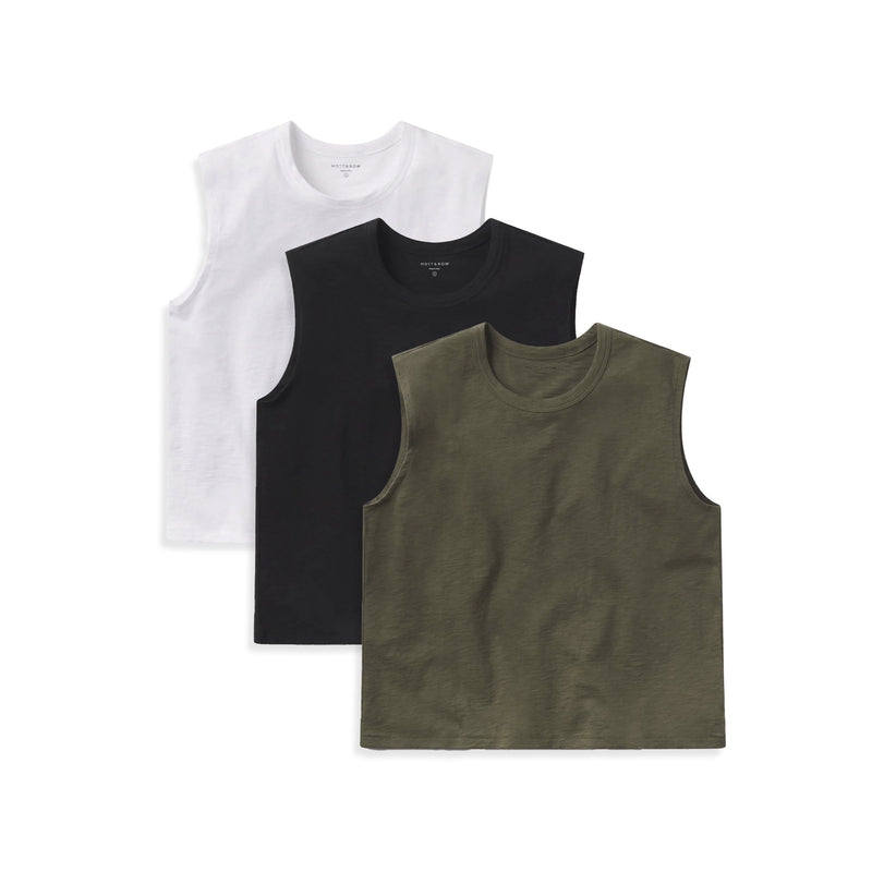 Women wearing White/Black/Military Green Relaxed Slub Tank 3-Pack tees