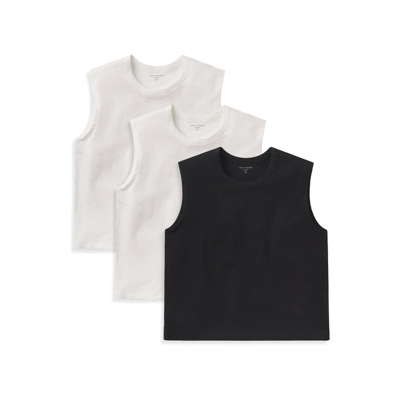Women wearing Bone/Bone/Black Relaxed Slub Tank 3-Pack tees