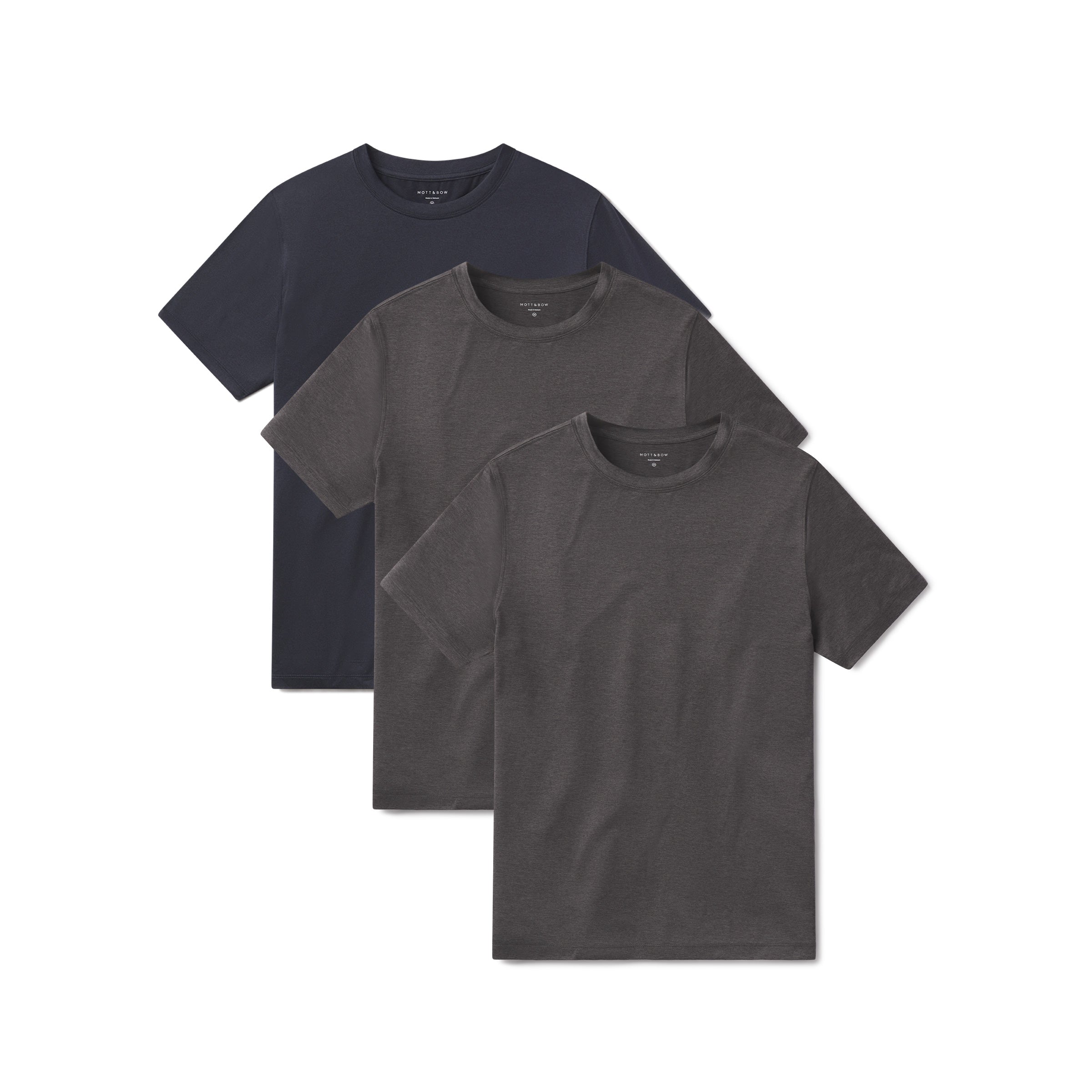  wearing Charcoal Heather/Charcoal Heather/Navy Heather Tech Tee 3-Pack tees