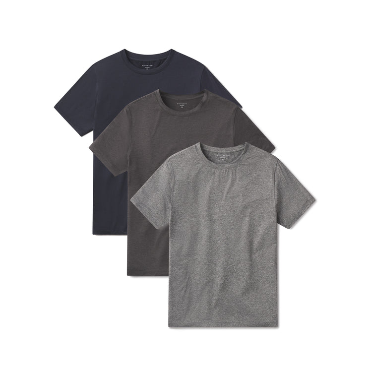  wearing Heather Gray/Navy Heather/Charcoal Heather Tech Tee 3-Pack