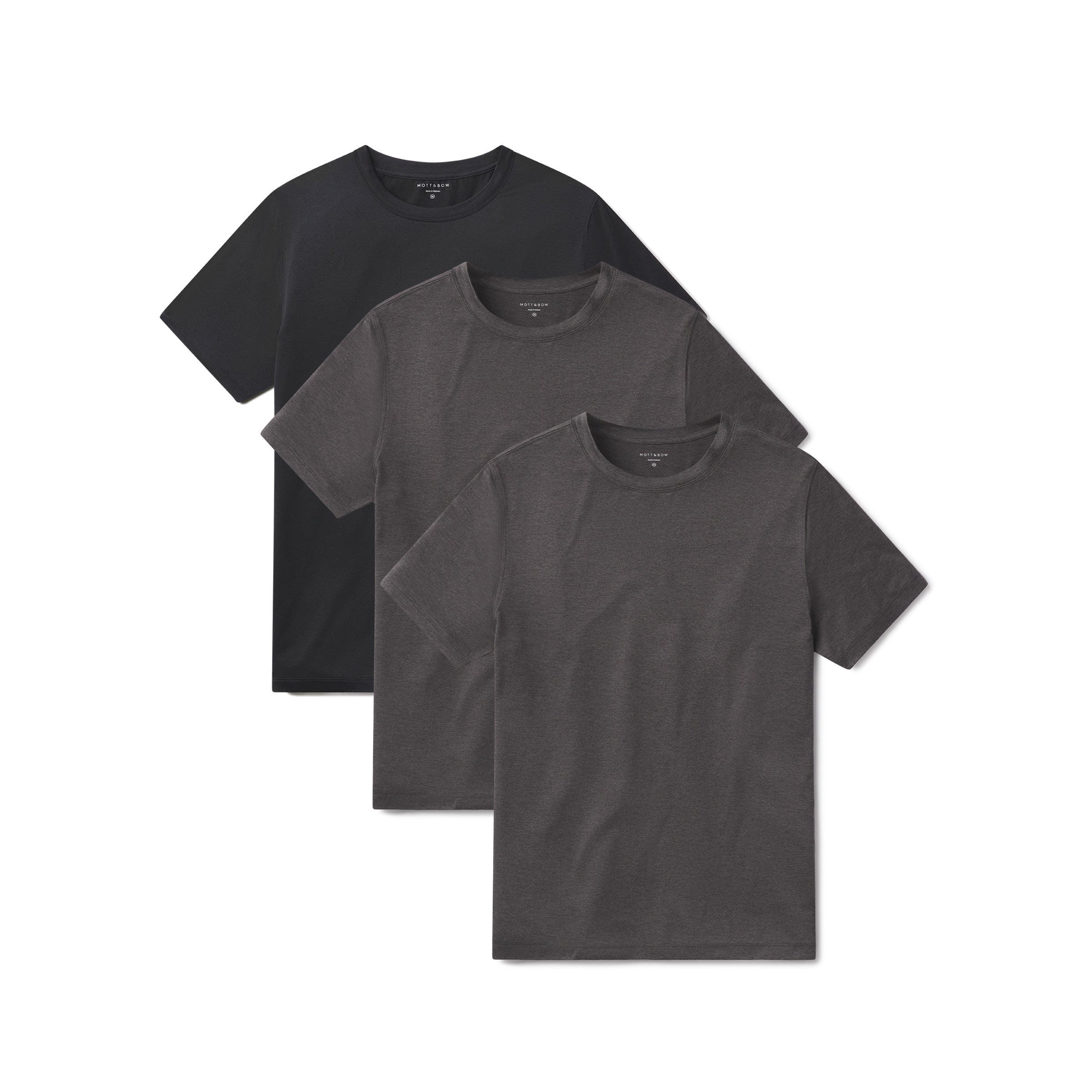  wearing Charcoal Heather/Charcoal Heather/Black Heather Tech Tee 3-Pack tees