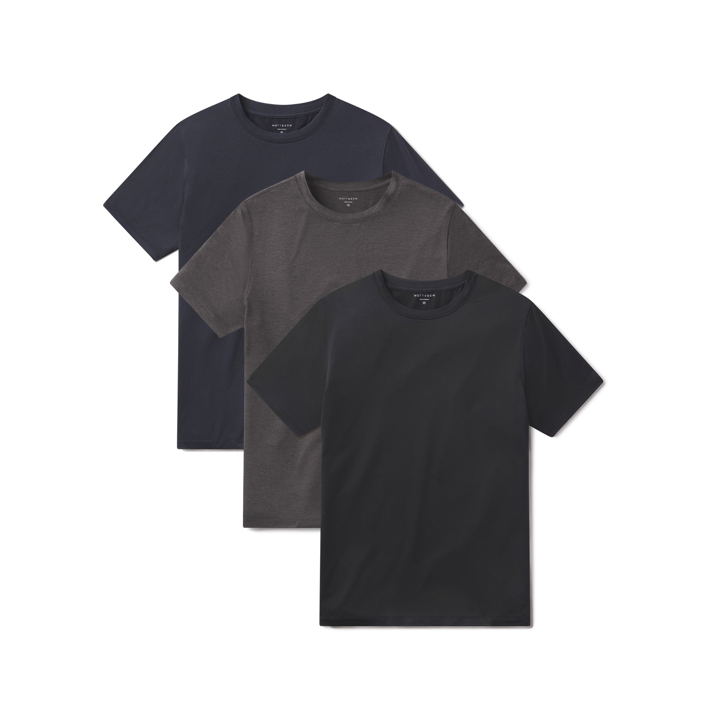  wearing Black Heather/Navy Heather/Charcoal Heather Tech Tee 3-Pack tees