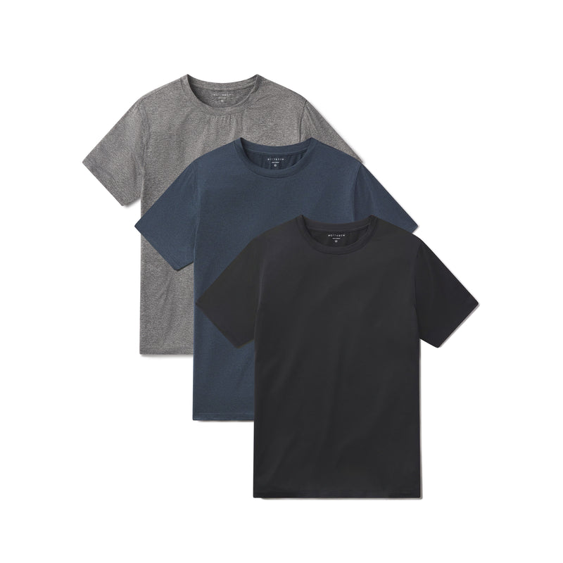  wearing Heather Gray/Black Heather/Teal Heather Tech Tee 3-Pack tees