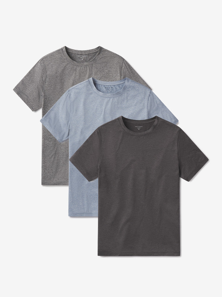  wearing Sky Blue Heather/Heather Gray/Charcoal Heather Tech Tee 3-Pack