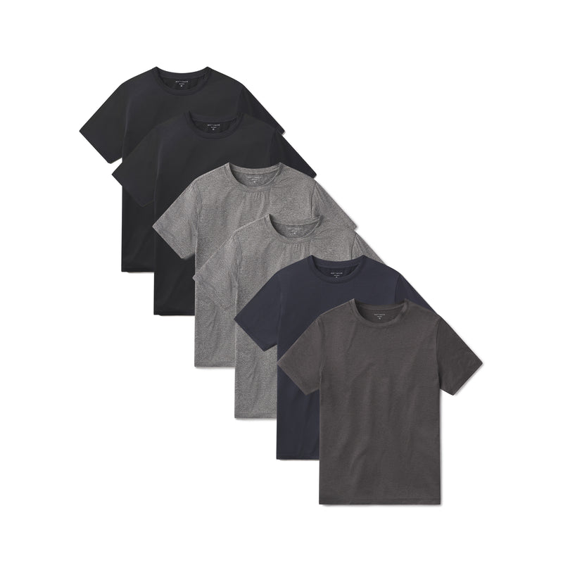  wearing Heather Gray/Heather Gray/Charcoal Heather/Navy Heather/Black Heather/Black Heather Tech Tee 6-Pack tees