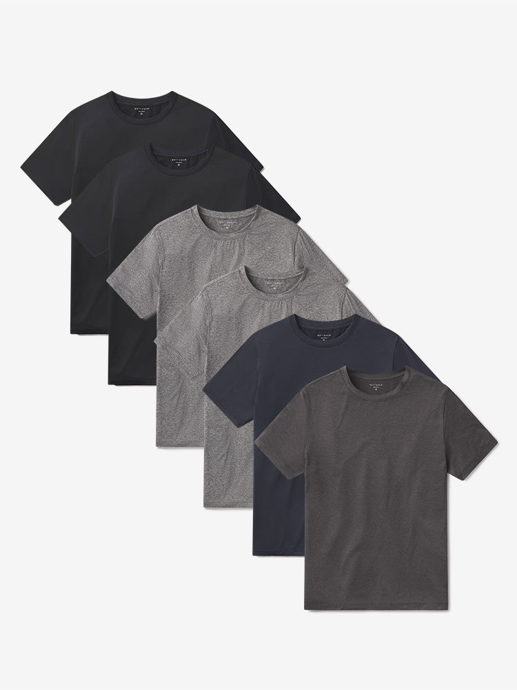  wearing Heather Gray/Heather Gray/Charcoal Heather/Navy Heather/Black Heather/Black Heather Tech Tee 6-Pack