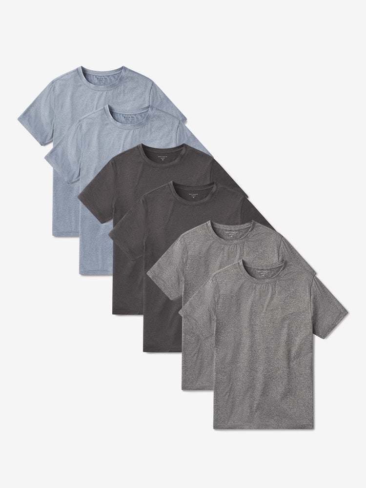 wearing Sky Blue Heather/Heather Gray/Charcoal Heather Tech Tee 6-Pack