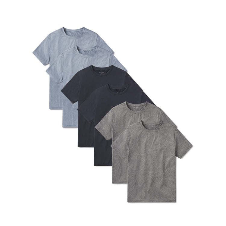  wearing Sky Blue Heather/Navy Heather/Heather Gray Tech Tee 6-Pack