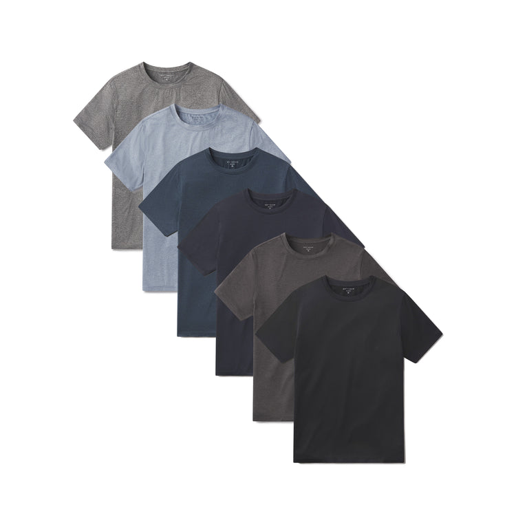  wearing Sky Blue Heather/Heather Gray/Charcoal Heather/Navy Heather/Black Heather Tech Tee 6-Pack