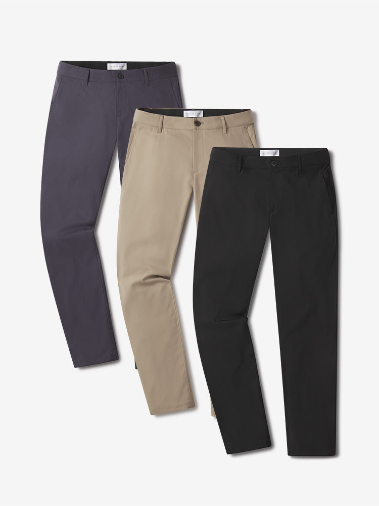  wearing Black/Granite/Khaki Slim Tech Pants 3-Pack