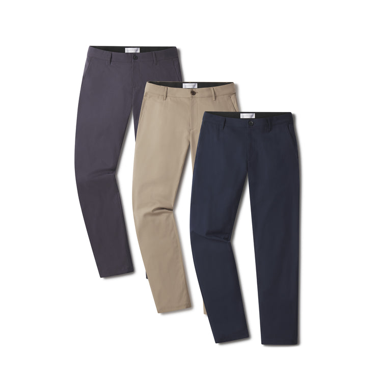  wearing Navy/Granite/Khaki Slim Tech Pants 3-Pack