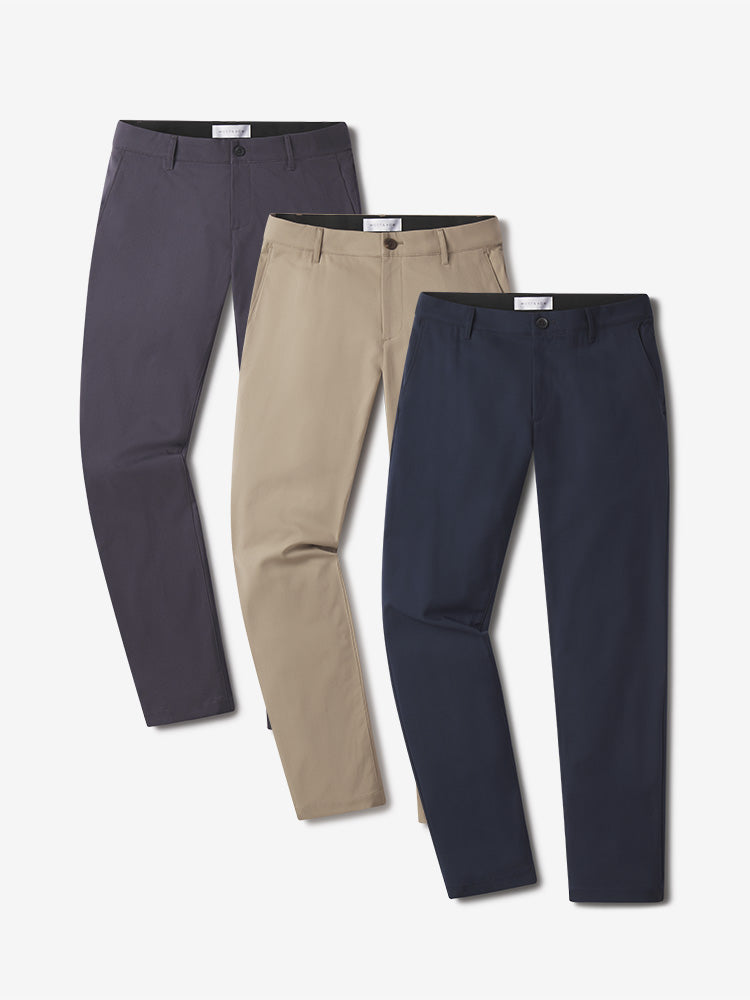  wearing Navy/Granite/Khaki Slim Tech Pants 3-Pack