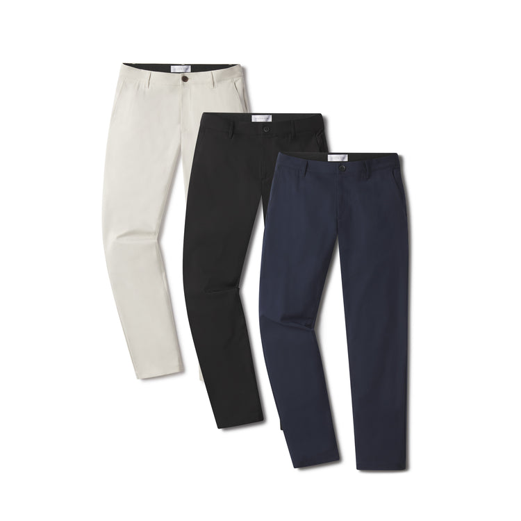  wearing Navy/Black/Stone Slim Tech Pants 3-Pack