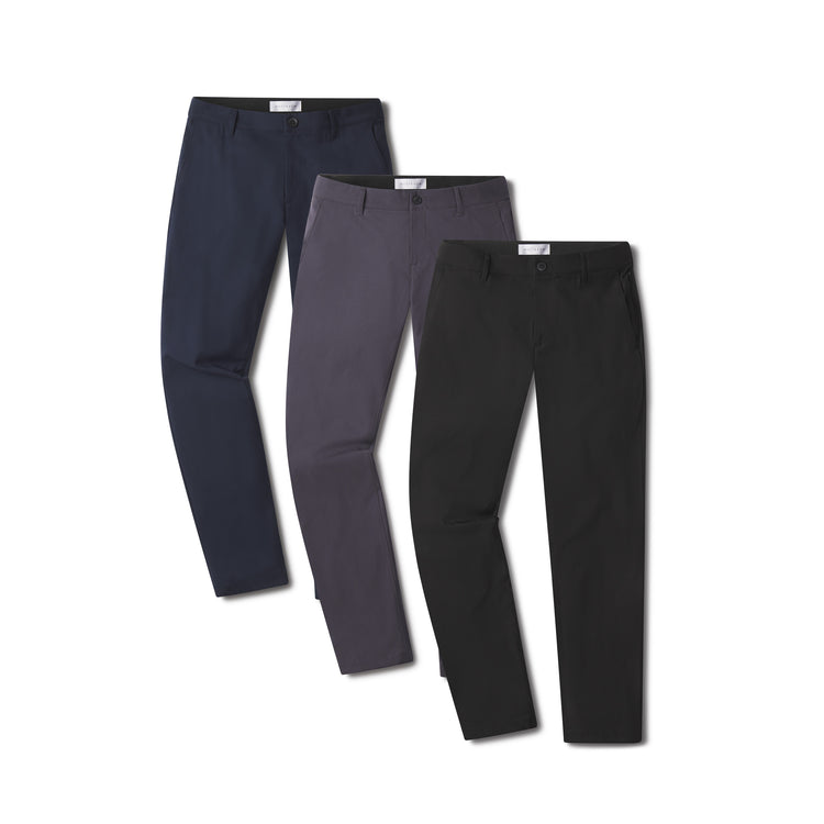  wearing Granite/Navy/Black Slim Tech Pants 3-Pack