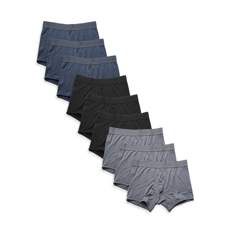 Men wearing Black/Steel Gray/Gray Trunks 9-Pack