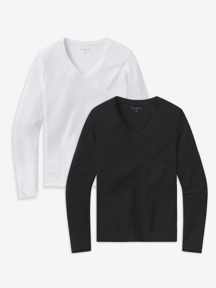 Women wearing Black/White Long Sleeve V-Neck Tee Marcy 2-Pack tees