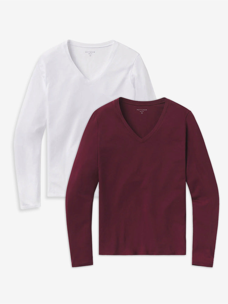 Women wearing Crimson/White Long Sleeve V-Neck Tee Marcy 2-Pack tees