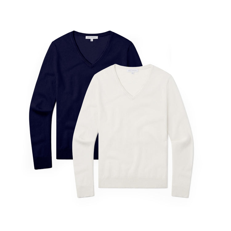 Women wearing Navy/Cream Cashmere V-Neck Willow Sweater 2-Pack