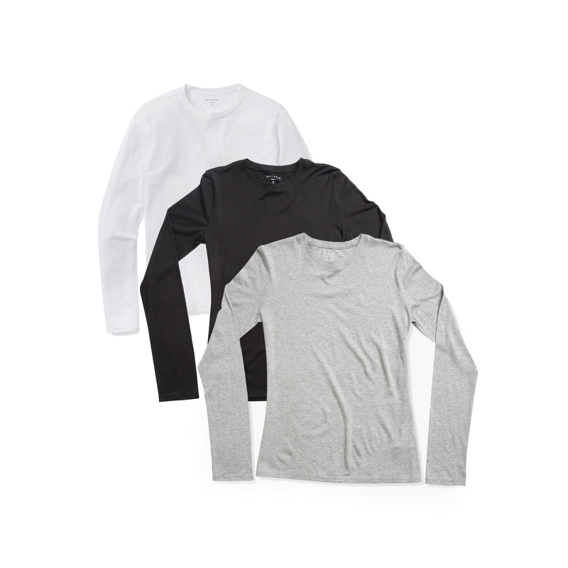 Women wearing Noir/Gris chiné/Blanc Long Sleeve Crew Tee Marcy 3-Pack shirts pour femmes