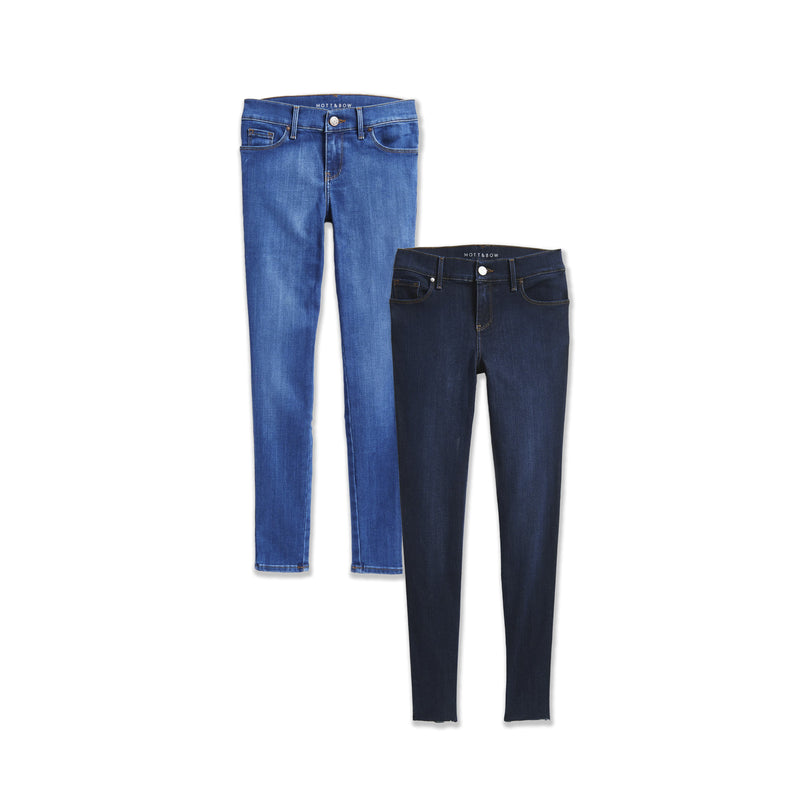 Women wearing Faded Medium/Dark Blue W/Raw Hem / Medium Blue Jane Mid Rise Skinny 2-Pack jeans