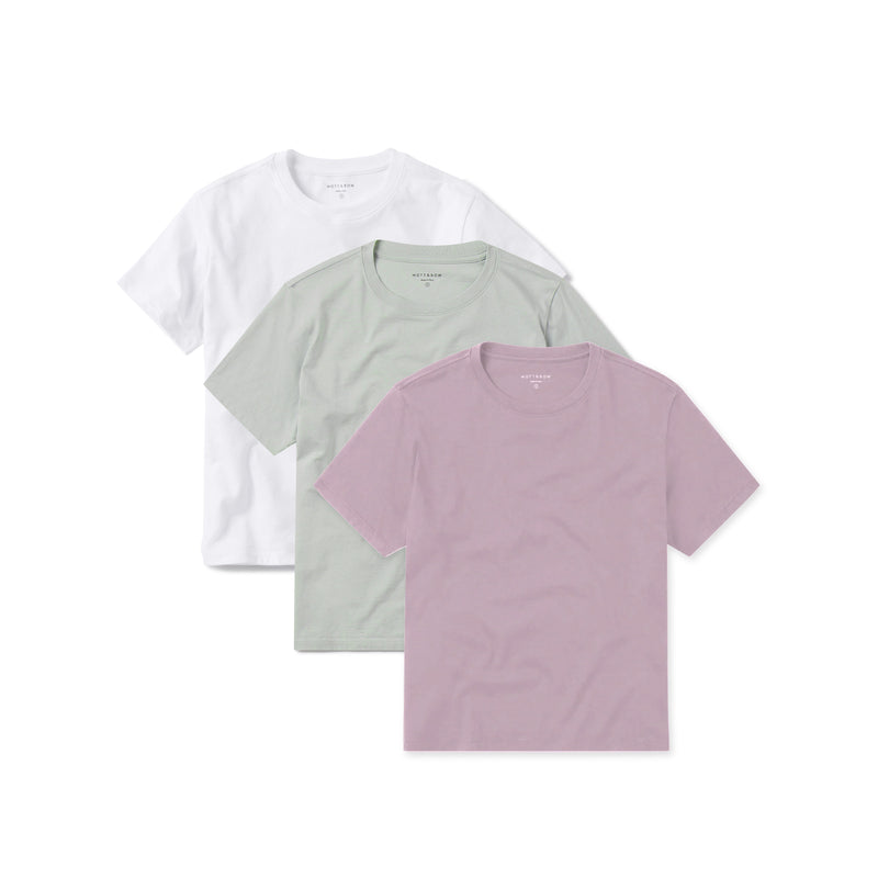 Women wearing White/Rose Pink/Honeydew Everyday Cotton Crew Tee 3-Pack tees