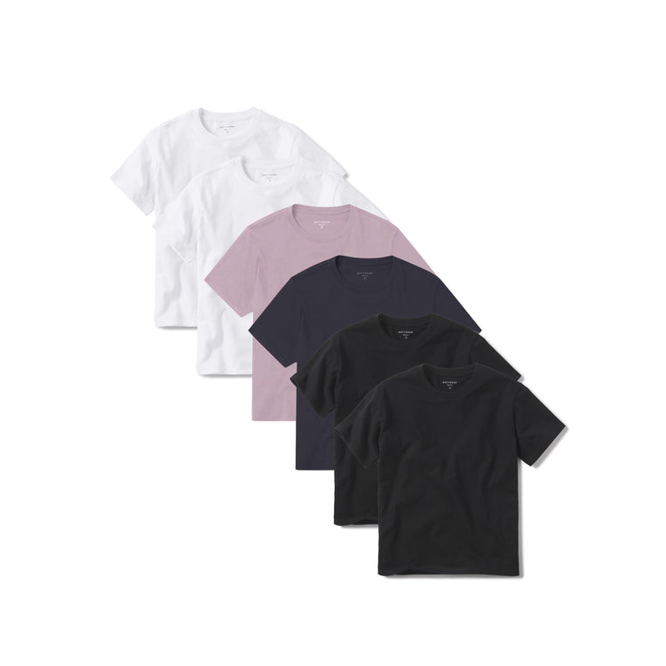 Women wearing White/White/Rose Pink/Navy/Black/Black Everyday Cotton Crew Tee 6-Pack