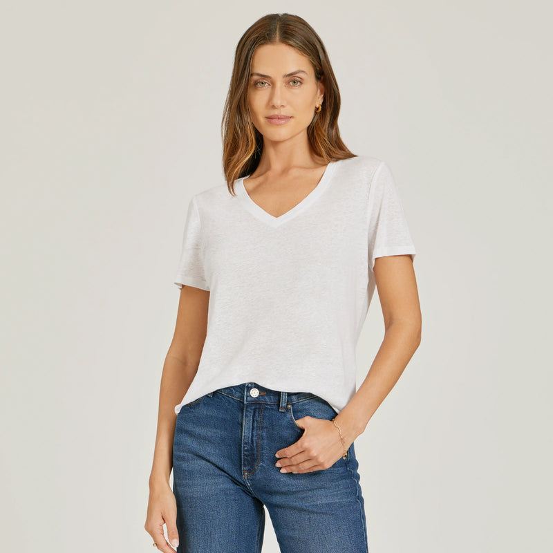 Women wearing White Relaxed Linen Blend V-Neck Tee tees