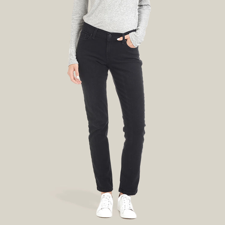 Women wearing Noir délavé Allen Mid Rise Slim Straight Jeans
