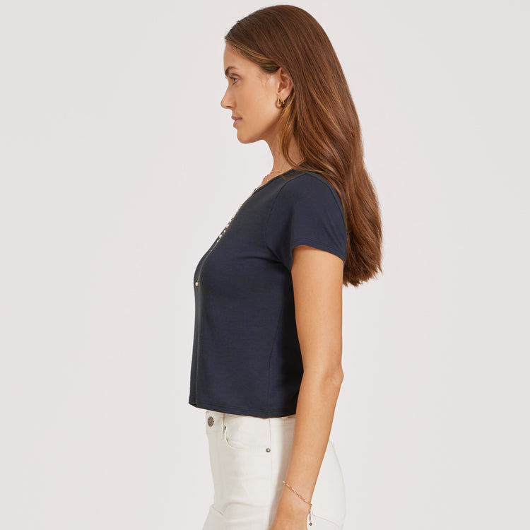 Women wearing Navy Cropped Fitted Crew Marcy Tee