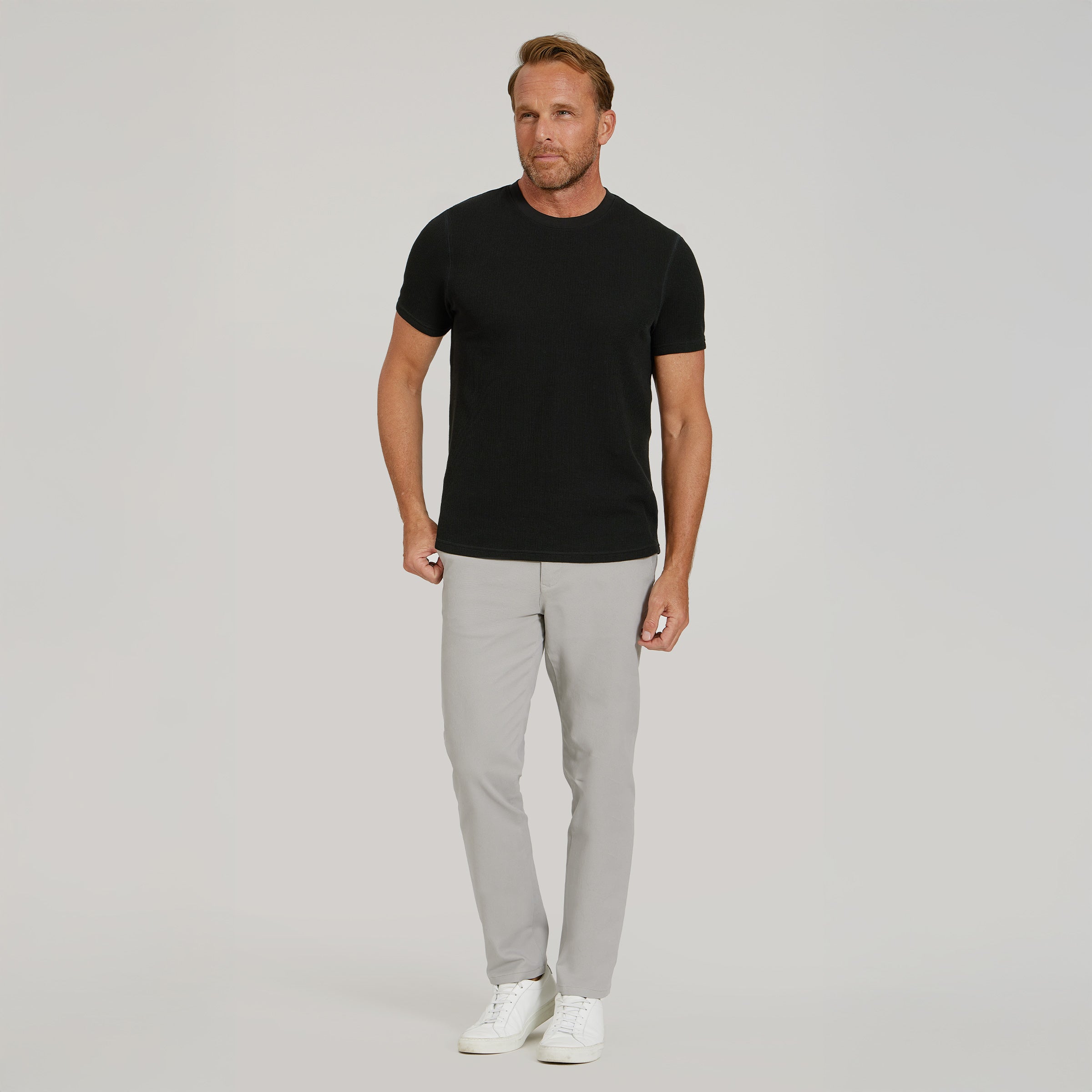 Men wearing Black Cotton Waffle Curved Hem Crew