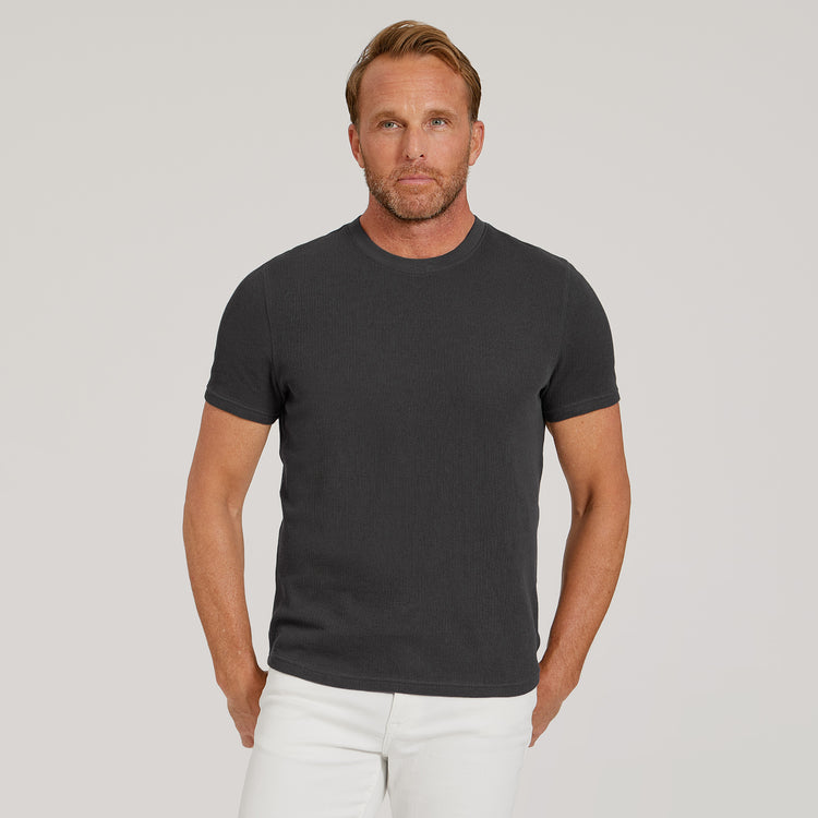 Men wearing Dark Gray Cotton Waffle Curved Hem Crew