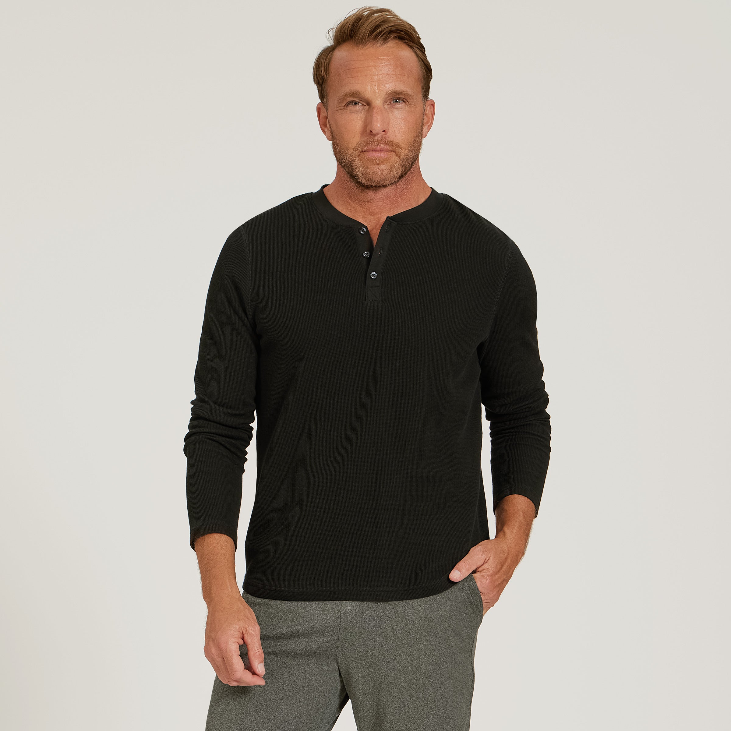 Men wearing Black Cotton Waffle Curved Hem Henley
