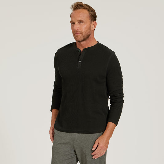 Cotton Waffle Curved Hem Henley Black Henley tees