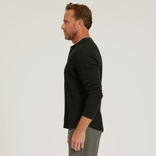 Cotton Waffle Curved Hem Henley Black Henley tees
